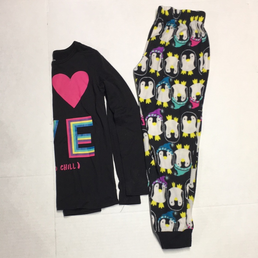 Total Girl Kids Black Penguin Heart Pajama Set Long Sleeve Fleece Pants S 7/8